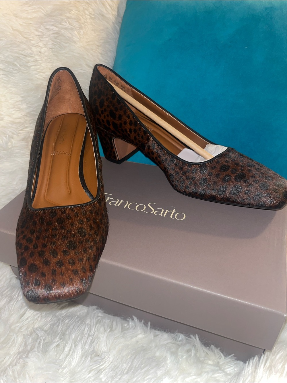 Franco Sarto Leopard Print Brown Block Heel Pumps - Picture 2 of 8